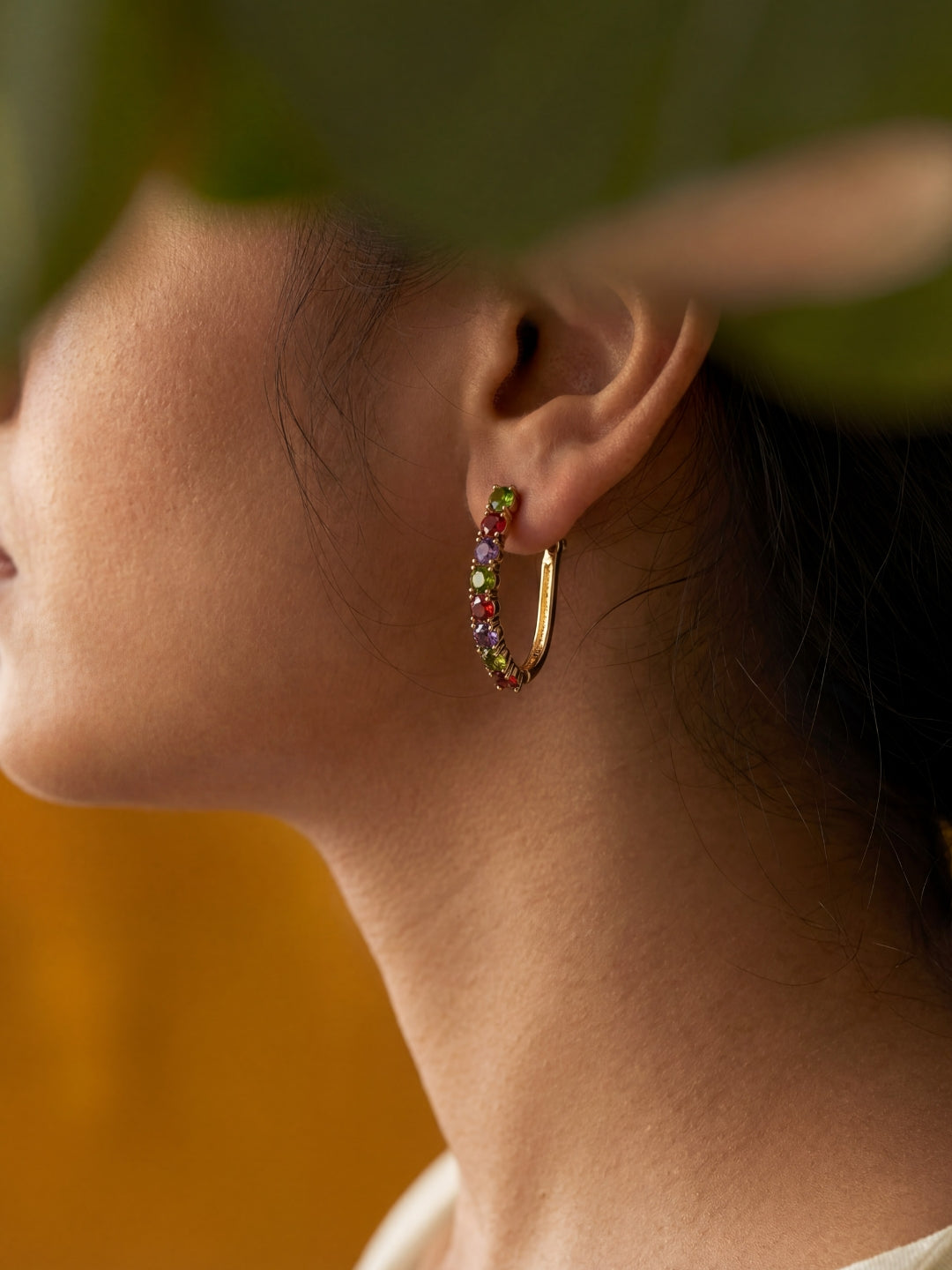 18K Rose Gold Multicolor CZ Long Hoop Earrings