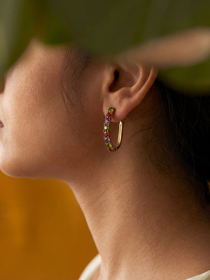 18K Rose Gold Multicolor CZ Long Hoop Earrings
