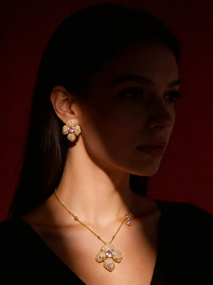 Boccio Pink Pavé Flower Necklace & Earring Set, 18K Gold-Plated