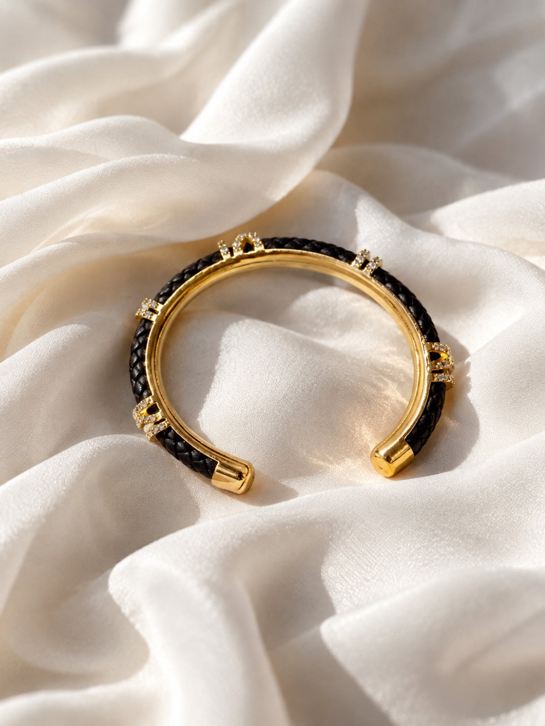 Black Braided Roman Numeral Studded Bangle -18KT Gold Plated