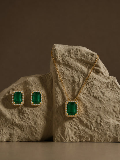 Verdena Green Halo Necklace & Earring Set, 18K Gold-Plated
