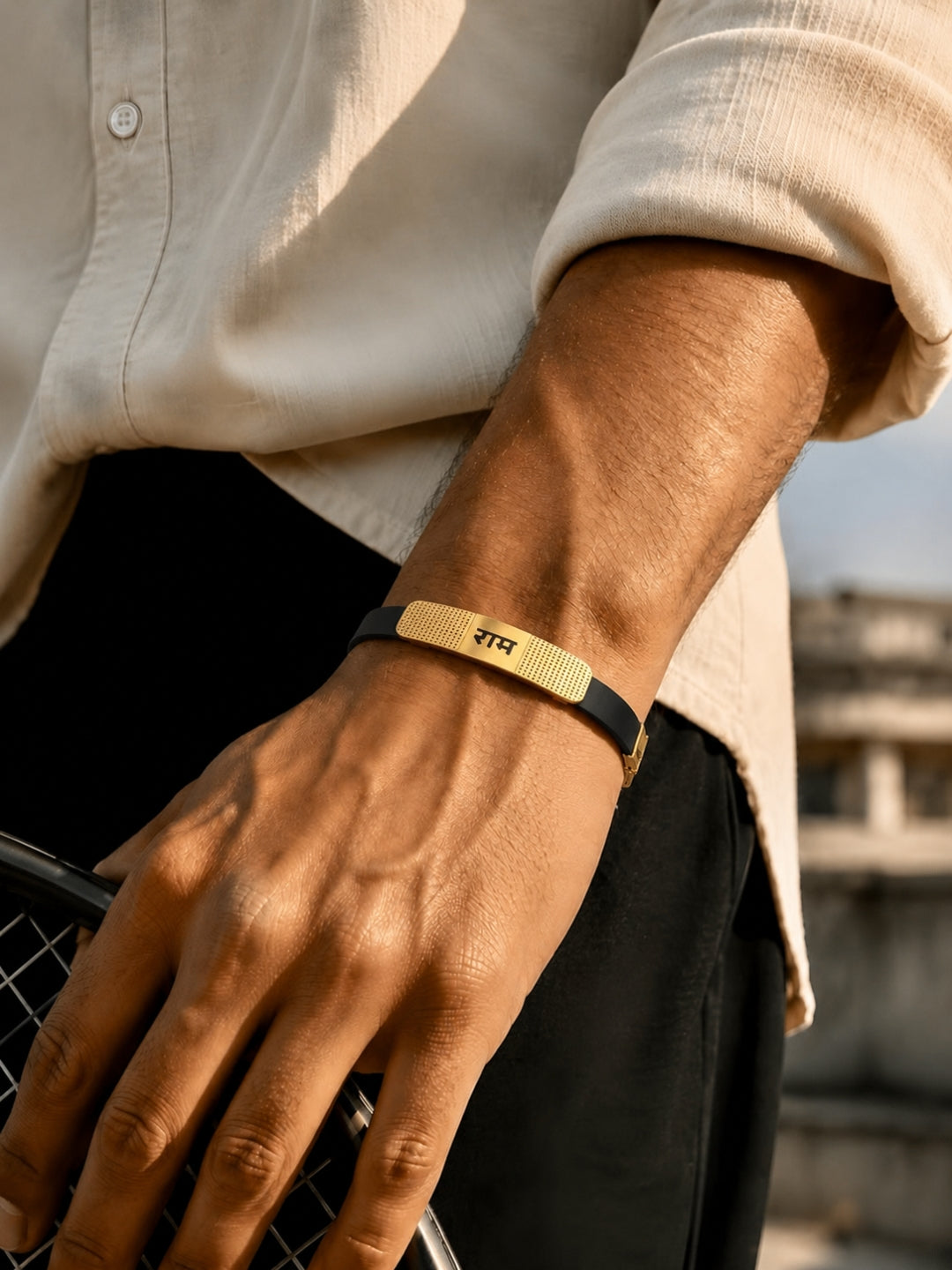 Ram Engraved Bracelet Band Black , 18K Gold Plated Stainless Steel