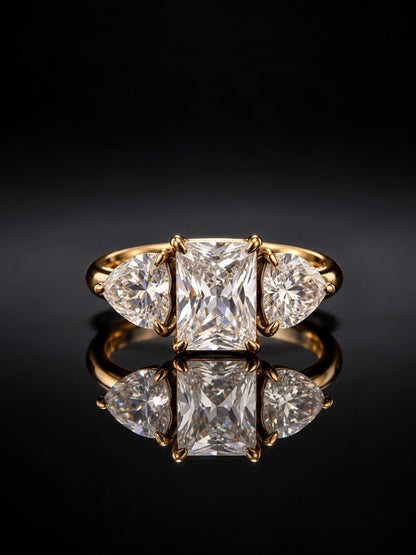 Rectangle & Heart Three-Stone Ring | 18K Gold-Plated Stainless Steel