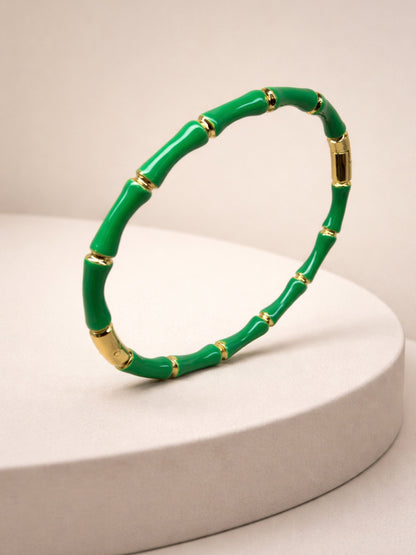 Green Bamboo Enamel Gold Plated Cuff Bracelet for Women