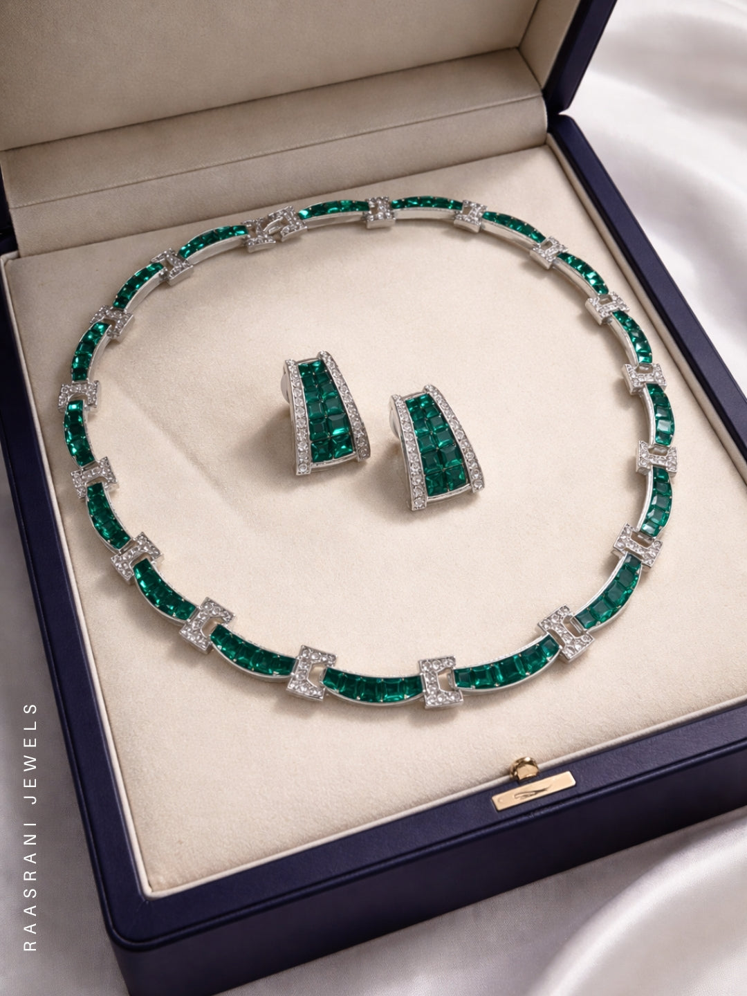 Emerald CZ Rhodium Necklace Set | Luxe Partywear Jewelry