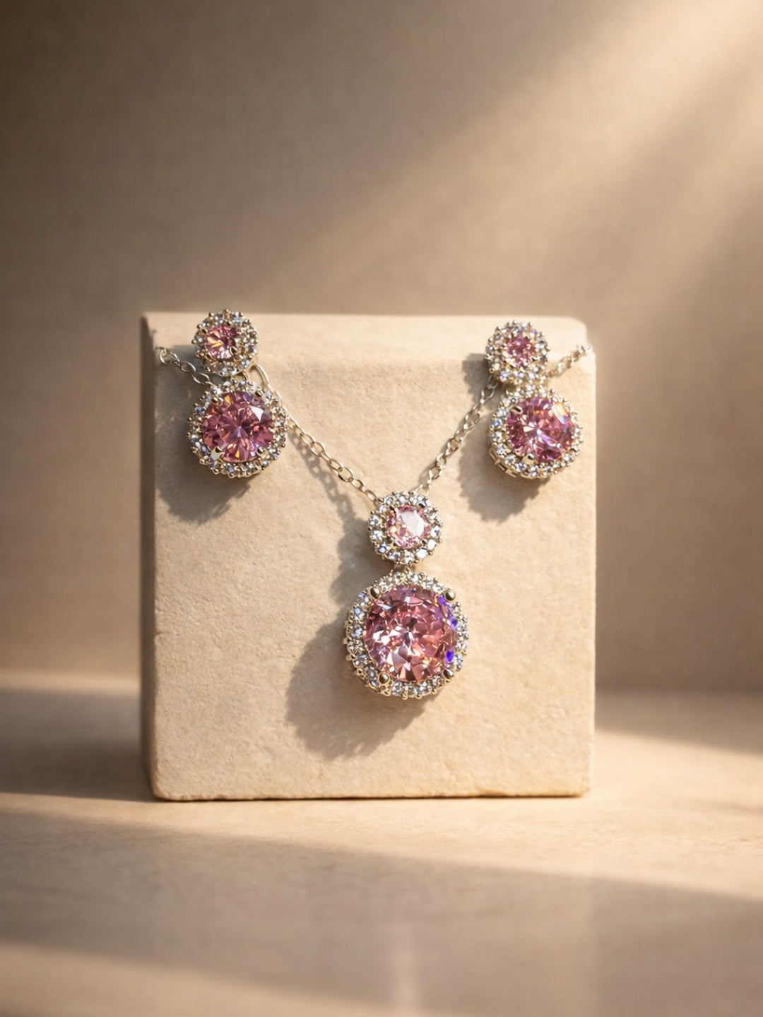 CL Pink Drop Jewelry Set | Rhodium CZ Necklace & Earrings