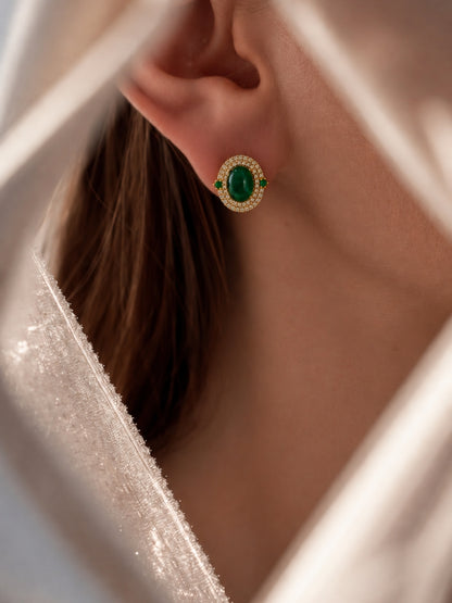 Prato Green Cabochon Halo Necklace & Earring Set, 18K Gold-Plated