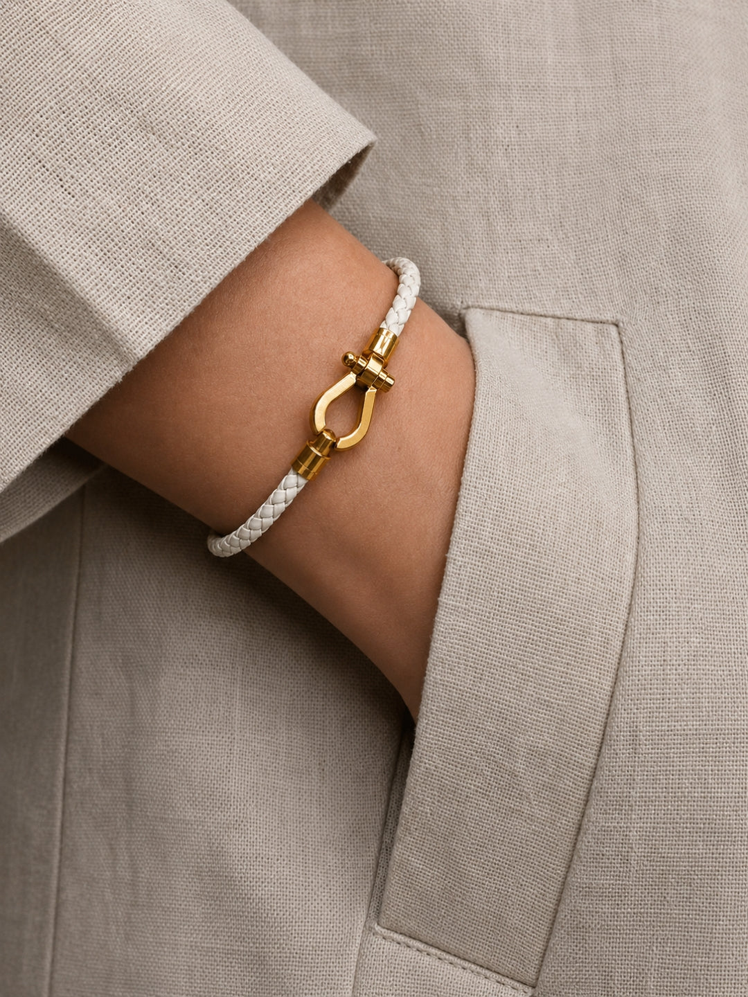 Unisex White Braided Leather Gold Magnetic Bracelet