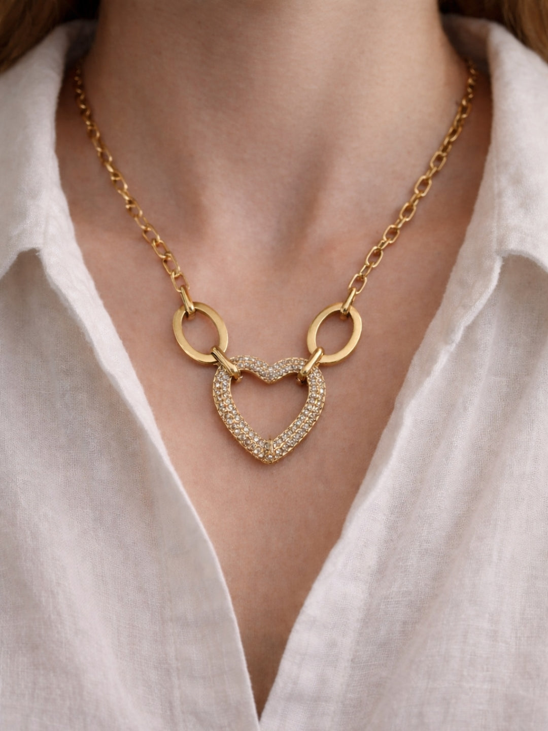 Heart Statement Linked Chain Necklace – 18K Gold Plated