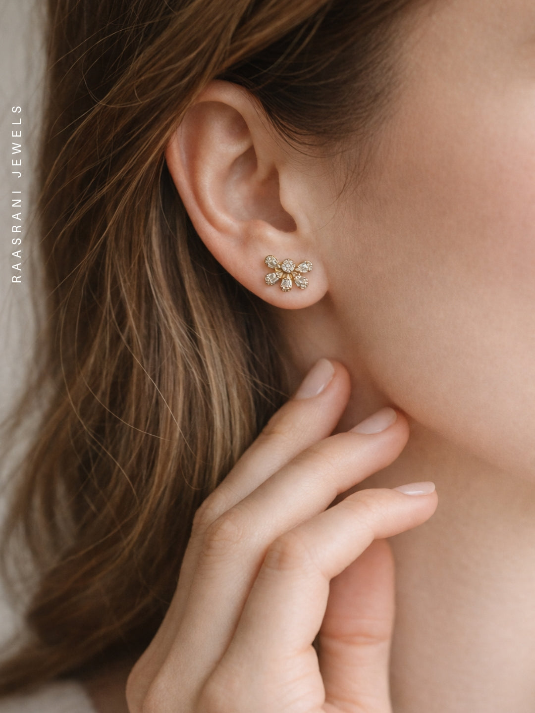 Half Floral Gold Stud Earrings with AD Stones | Everyday Wear