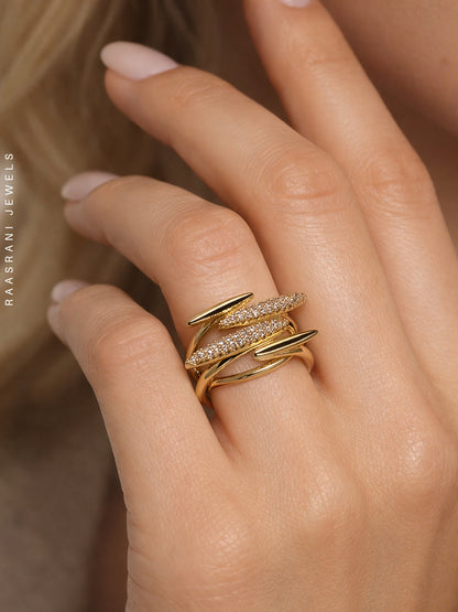 4-Line AD Studded Gold Ring | Anti-Tarnish Everyday Statement Ring