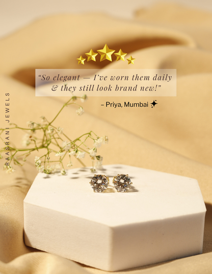 Gold-Plated Solitaire Big Stone Stud Earrings – Stainless Steel, Premium AD Stone, Hypoallergenic