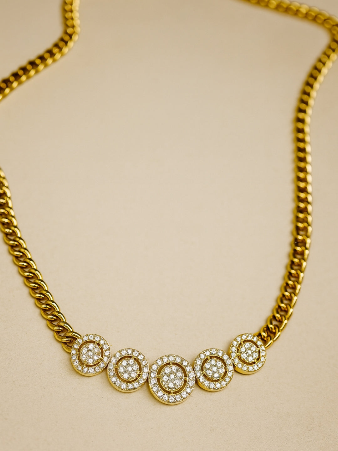 18K Gold Circular CZ Studded Cuban Chain Necklace | Anti-Tarnish