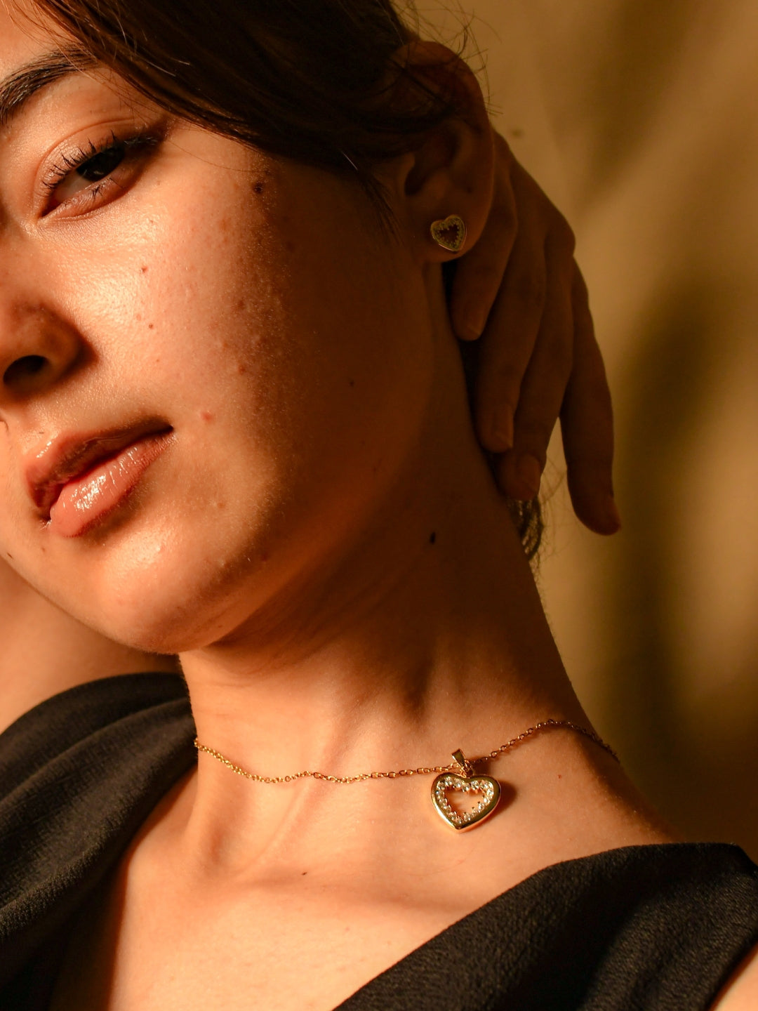 Dainty Heart Studded Jewelry Set – Gold-Plated Necklace & Earrings
