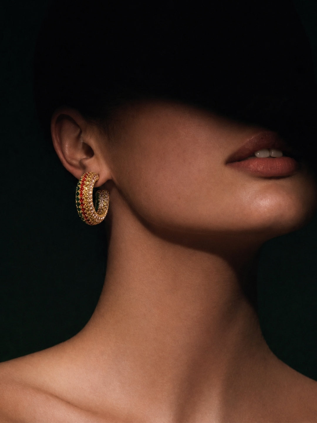 Navratna-Inspired Pavé Open Hoop Earrings, 18K Gold-Plated