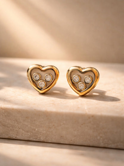 18K Gold Heart 3 Stone CZ Stud Earrings – Anti Tarnish