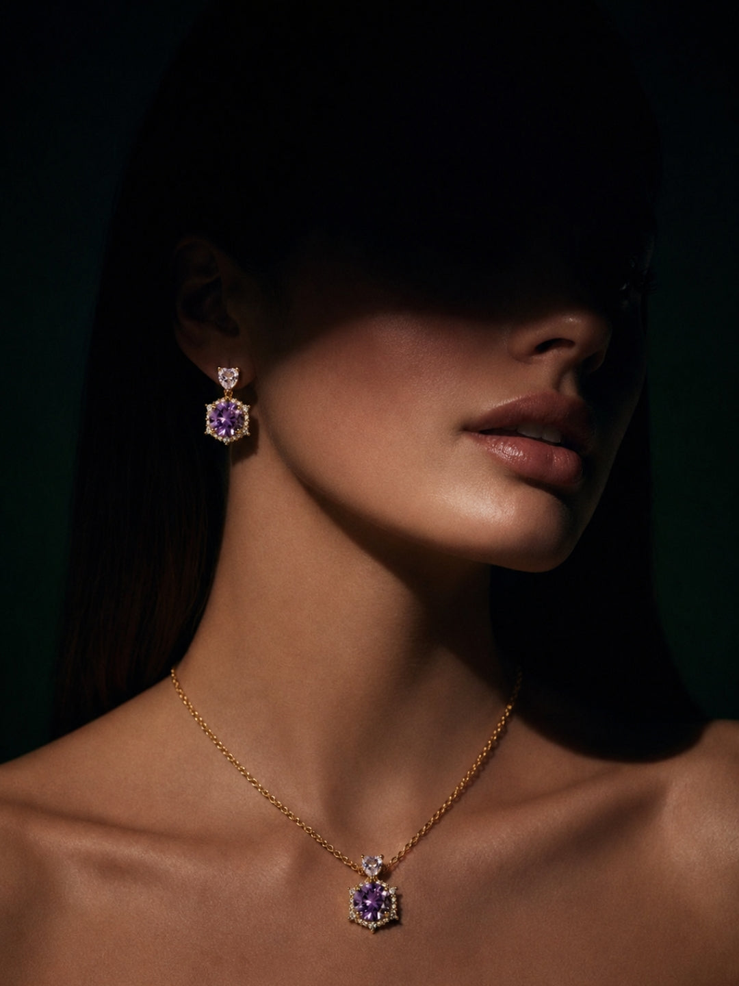 Ametista Crystal Halo Necklace & Earring Set, 18K Gold-Plated