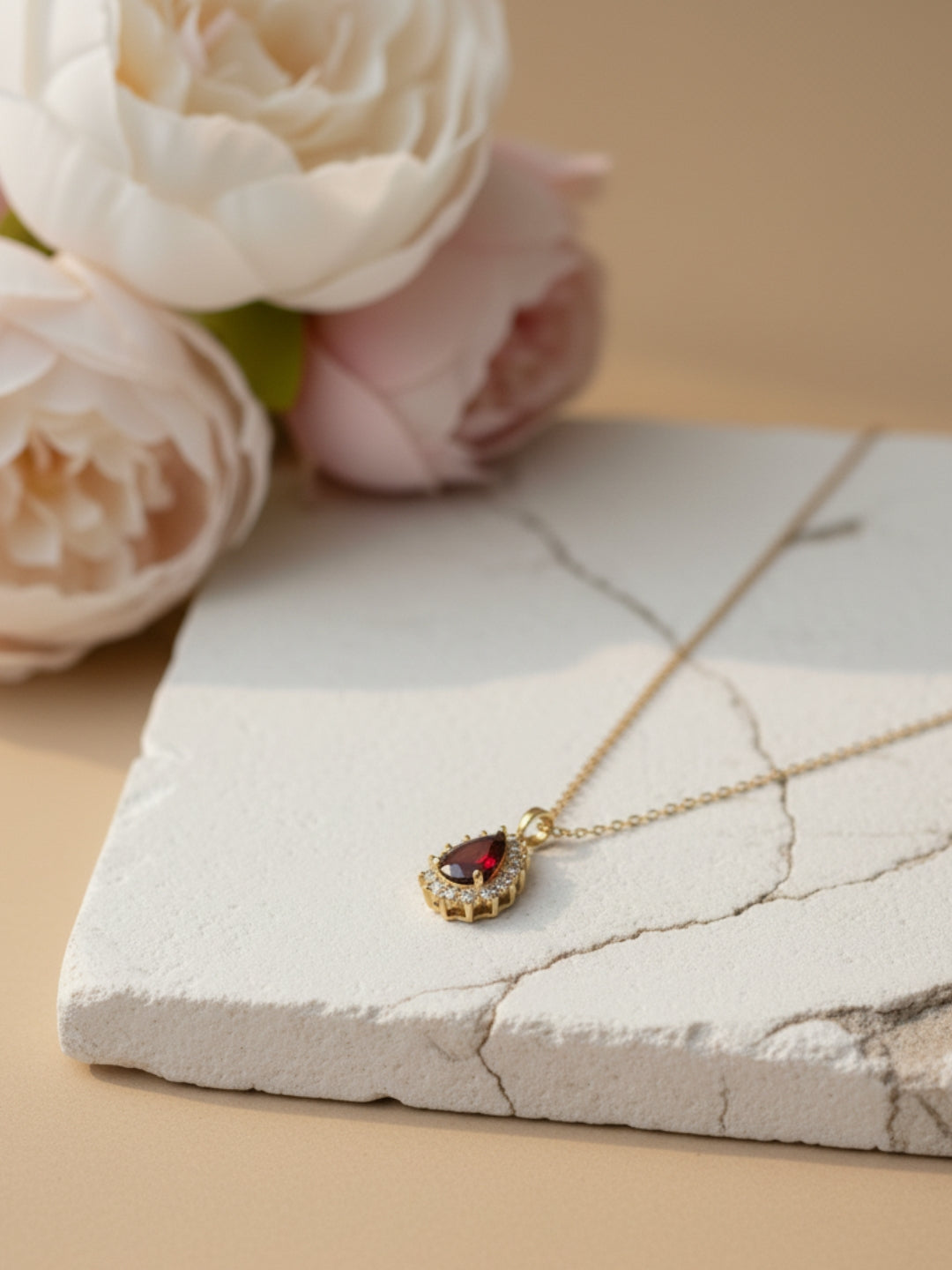 Anti-Tarnish Maroon Moissanite Pendant Necklace | 18K Gold CZ Chain