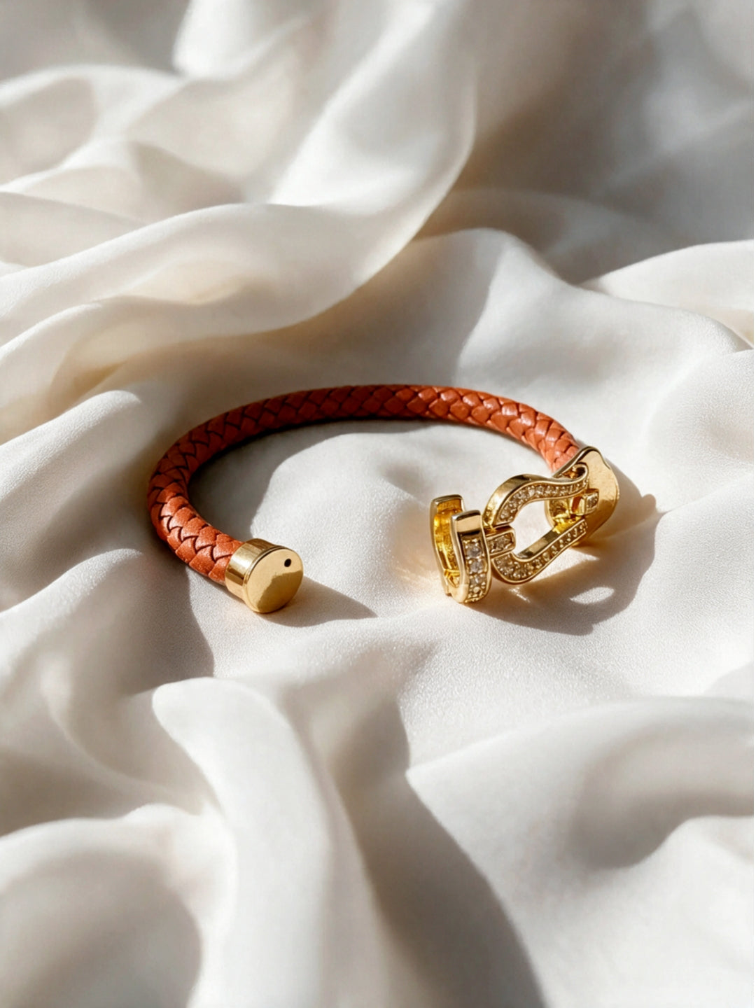 Rust Studded Braided Leather Gold Magnetic Bracelet -18KT Gold Plated