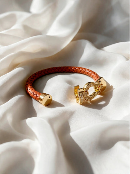 Rust Studded Braided Leather Gold Magnetic Bracelet -18KT Gold Plated