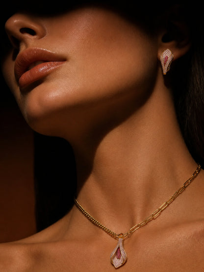 Calla Pink Pavé Pendant Necklace & Clip Earring Set, 18K Gold-Plated