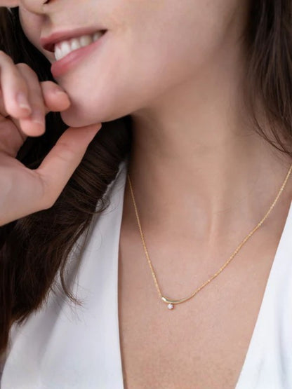 Solitaire Curve Gold Pendant Necklace with CZ Diamond Charm