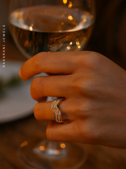 Wavy Double Layer Gold Ring – Adjustable 18K Gold CZ Everyday Jewelry
