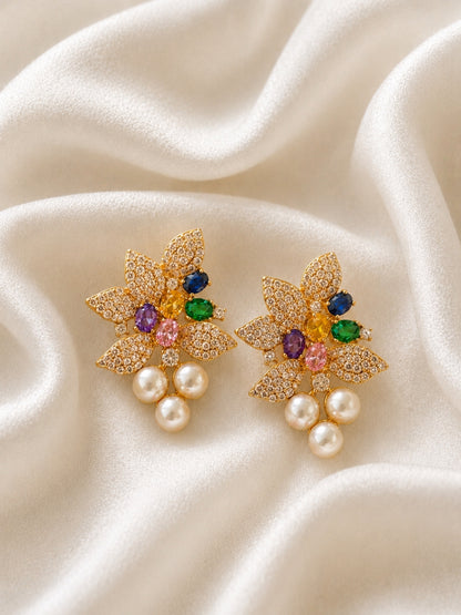Multicolor Floral Pavé Pearl Drop Earrings, 18K Gold-Plated