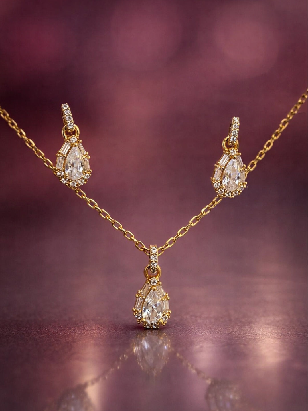 18K Rose Gold Teardrop CZ Pendant & Earrings Set for Women