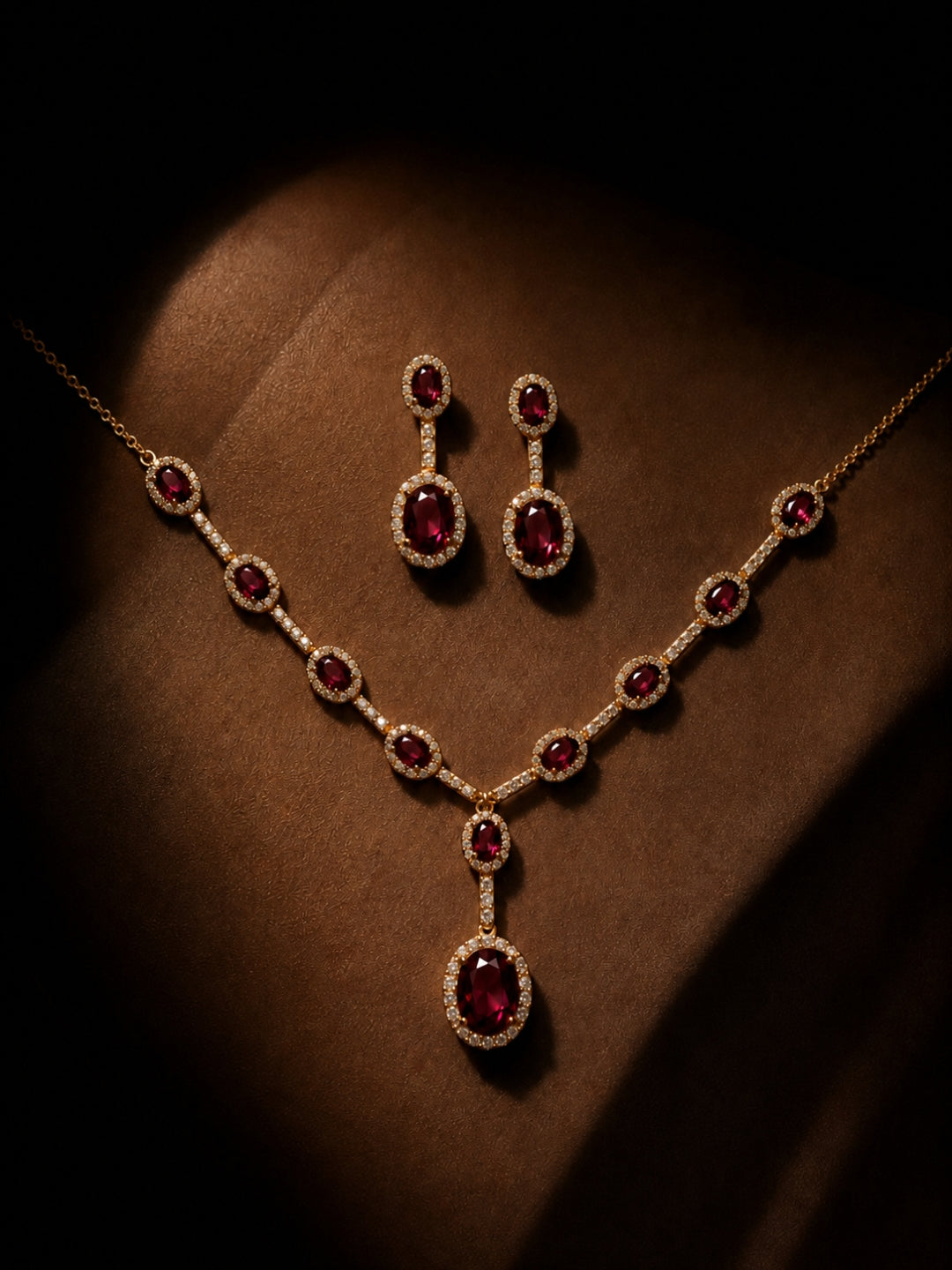 Melagrana Maroon Halo Necklace & Earring Set, 18K Gold-Plated