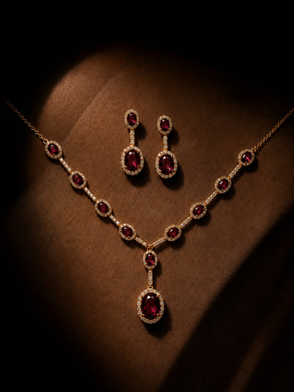 Melagrana Maroon Halo Necklace & Earring Set, 18K Gold-Plated