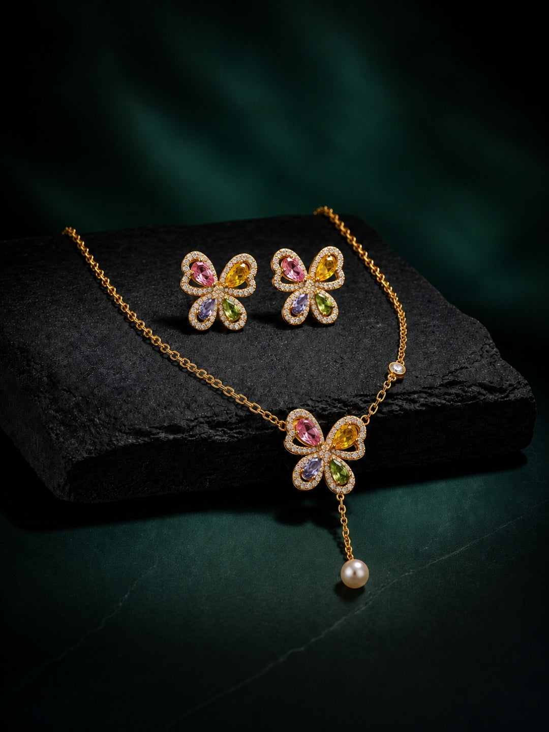 Farfalla Multicolor Pavé Necklace & Earring Set, 18K Gold-Plated