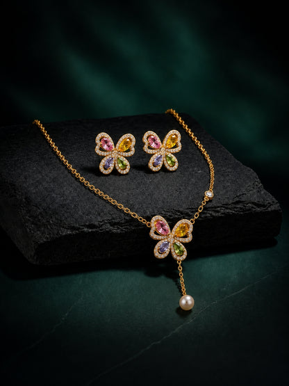 Farfalla Multicolor Pavé Necklace & Earring Set, 18K Gold-Plated