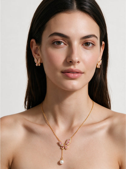 Pink Gold Butterfly & Pearl Drop Necklace-Earring Set