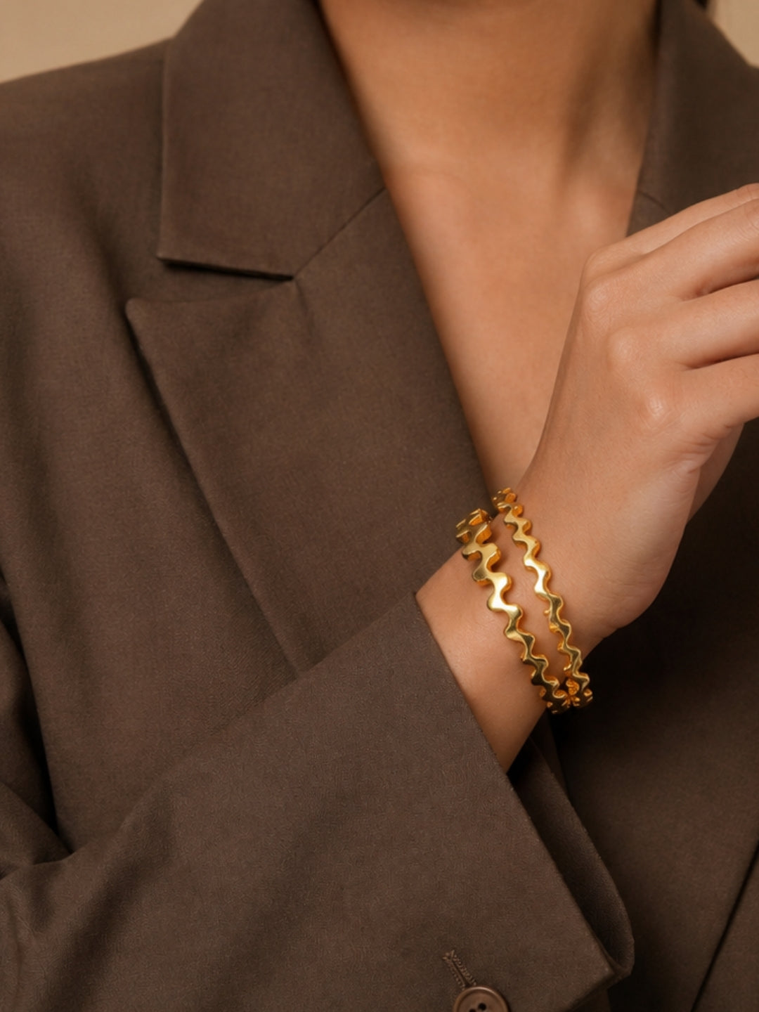 Statement Wave Gold Bangle Set | Everyday Luxury | Size 2.6