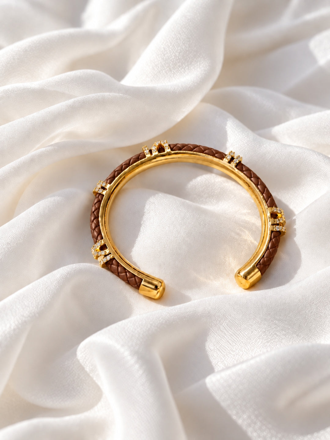 Brown Braided Roman Numeral Studded Bangle -18KT Gold Plated