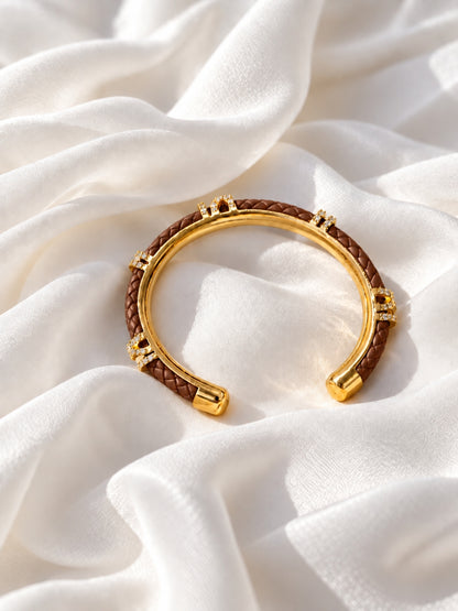 Brown Braided Roman Numeral Studded Bangle -18KT Gold Plated
