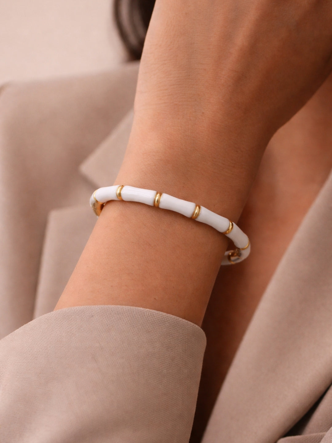 White Enamel Bamboo Gold Cuff Bracelet – Anti Tarnish, CZ Stone