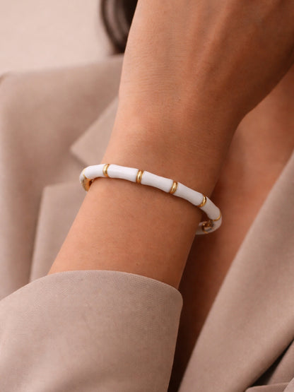 White Enamel Bamboo Gold Cuff Bracelet – Anti Tarnish, CZ Stone
