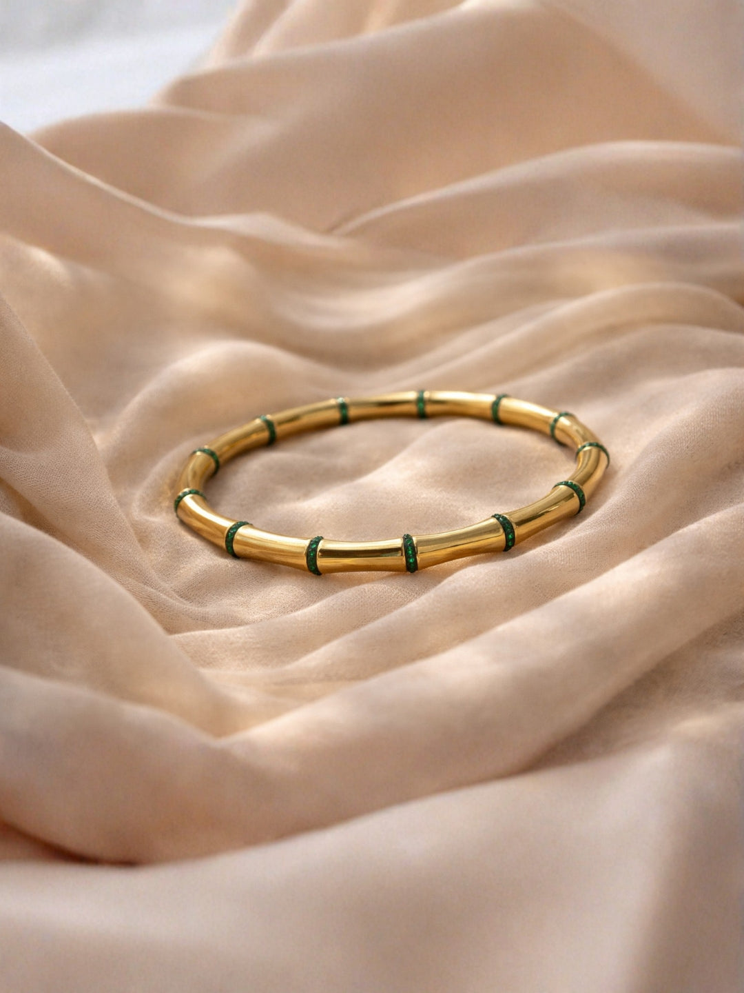 Emerald CZ Bamboo Cuff Bracelet in 18K Gold Plated Stainless Steel