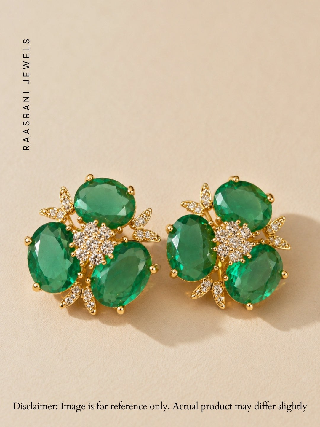 Emerald Trefoil Cluster Stud Earrings, 18K Gold-Plated