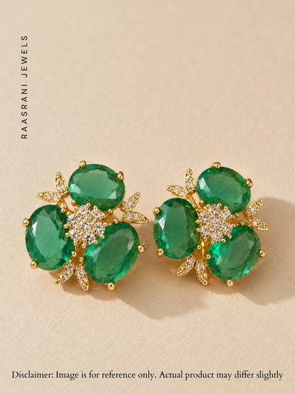 Emerald Trefoil Cluster Stud Earrings, 18K Gold-Plated