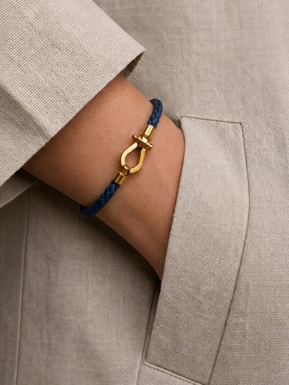 Unisex Navy Braided Leather Gold Magnetic Bracelet