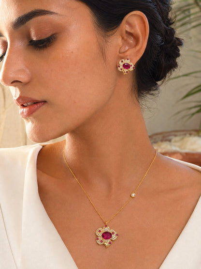 Rubis Ruby Red Floral Necklace & Earrings Set