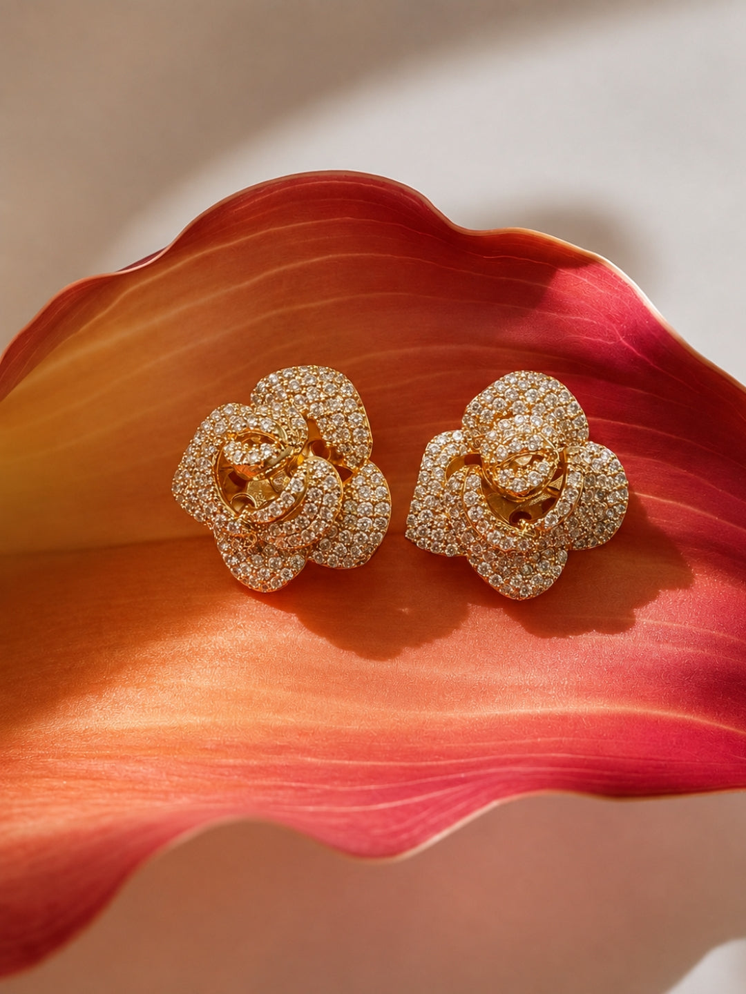Rosa Pavé Flower Necklace & Earring Set, 18K Gold-Plated