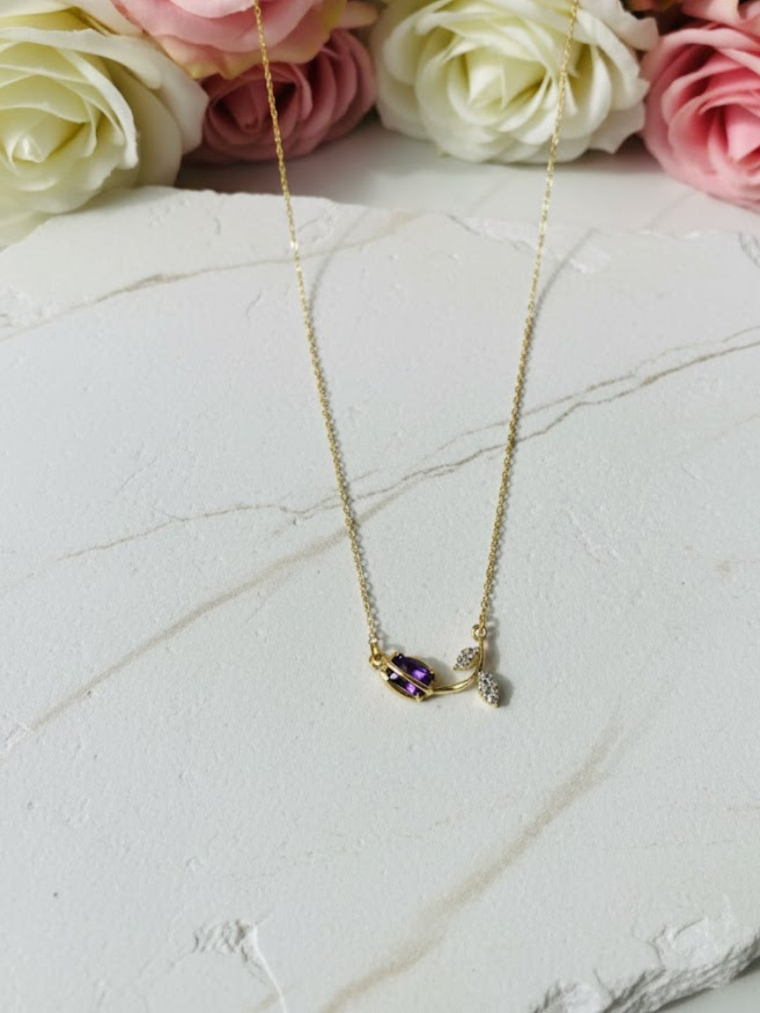 Anti-Tarnish Tulip Purple Stone Chain | 18K Gold CZ Jewelry