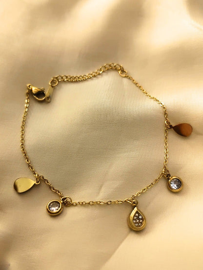 18K Gold Teardrop Charms Bracelet with CZ Stones | Lightweight & Elegant