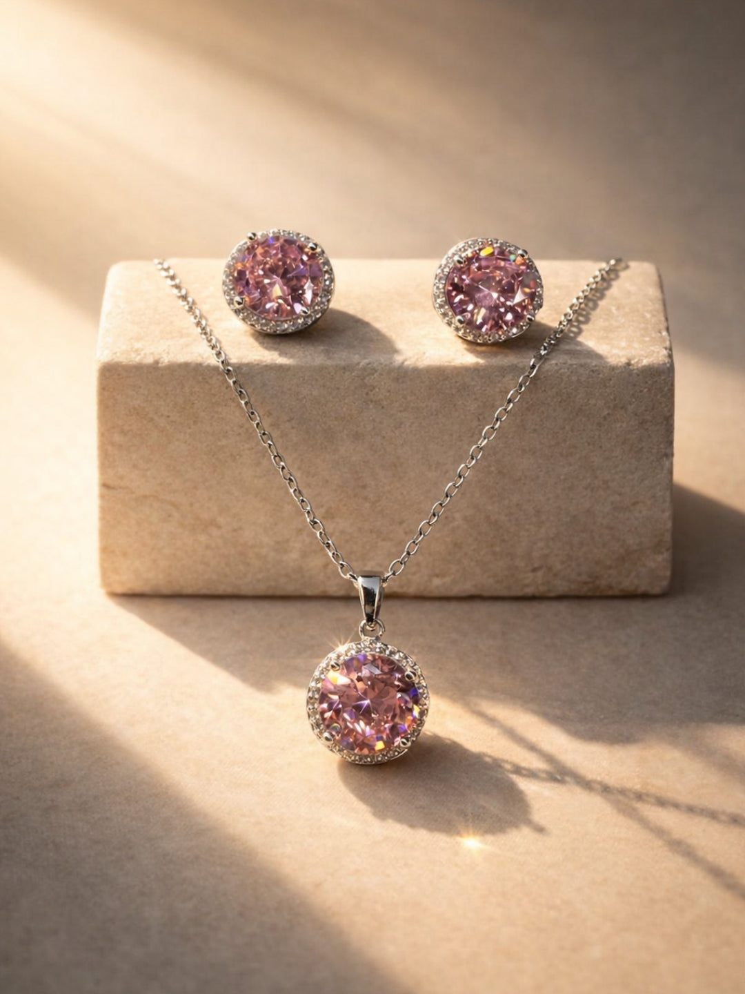 CL Pink Round CZ Necklace & Stud Earrings Set in Rhodium-Plated Steel