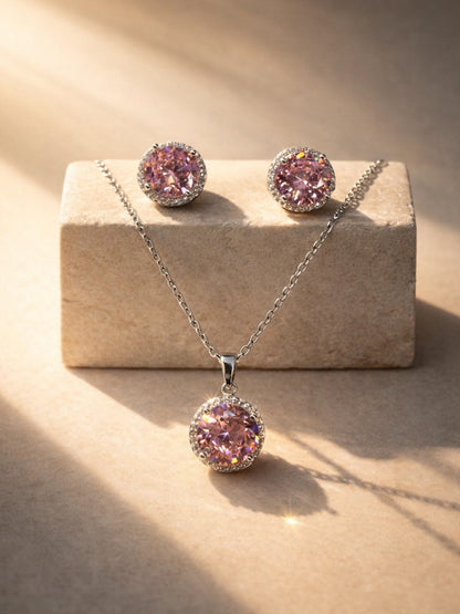 CL Pink Round CZ Necklace & Stud Earrings Set in Rhodium-Plated Steel