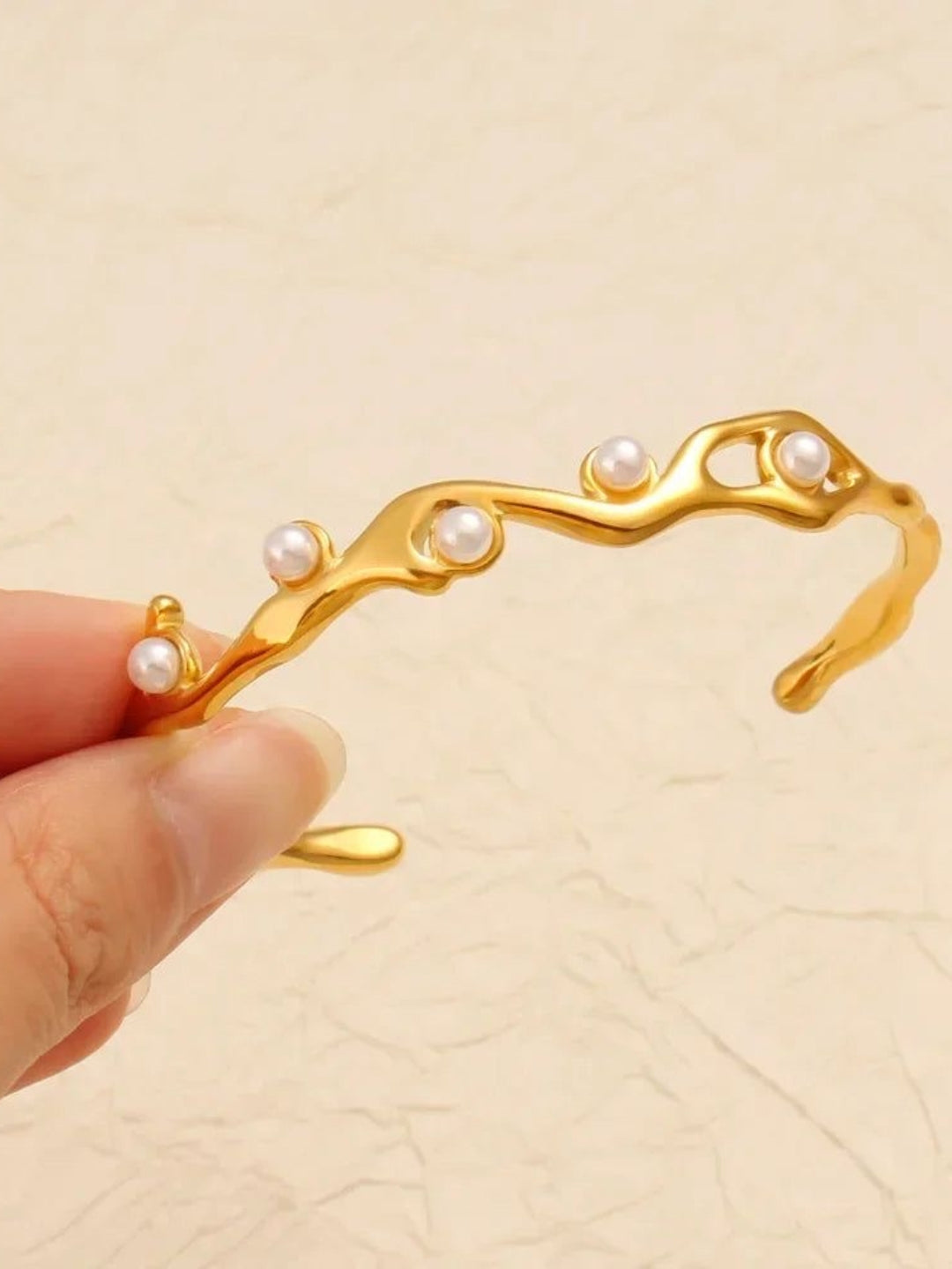 Pearl Sculptural Adjustable Cuff – 18K Gold | Anti-Tarnish Bracelet